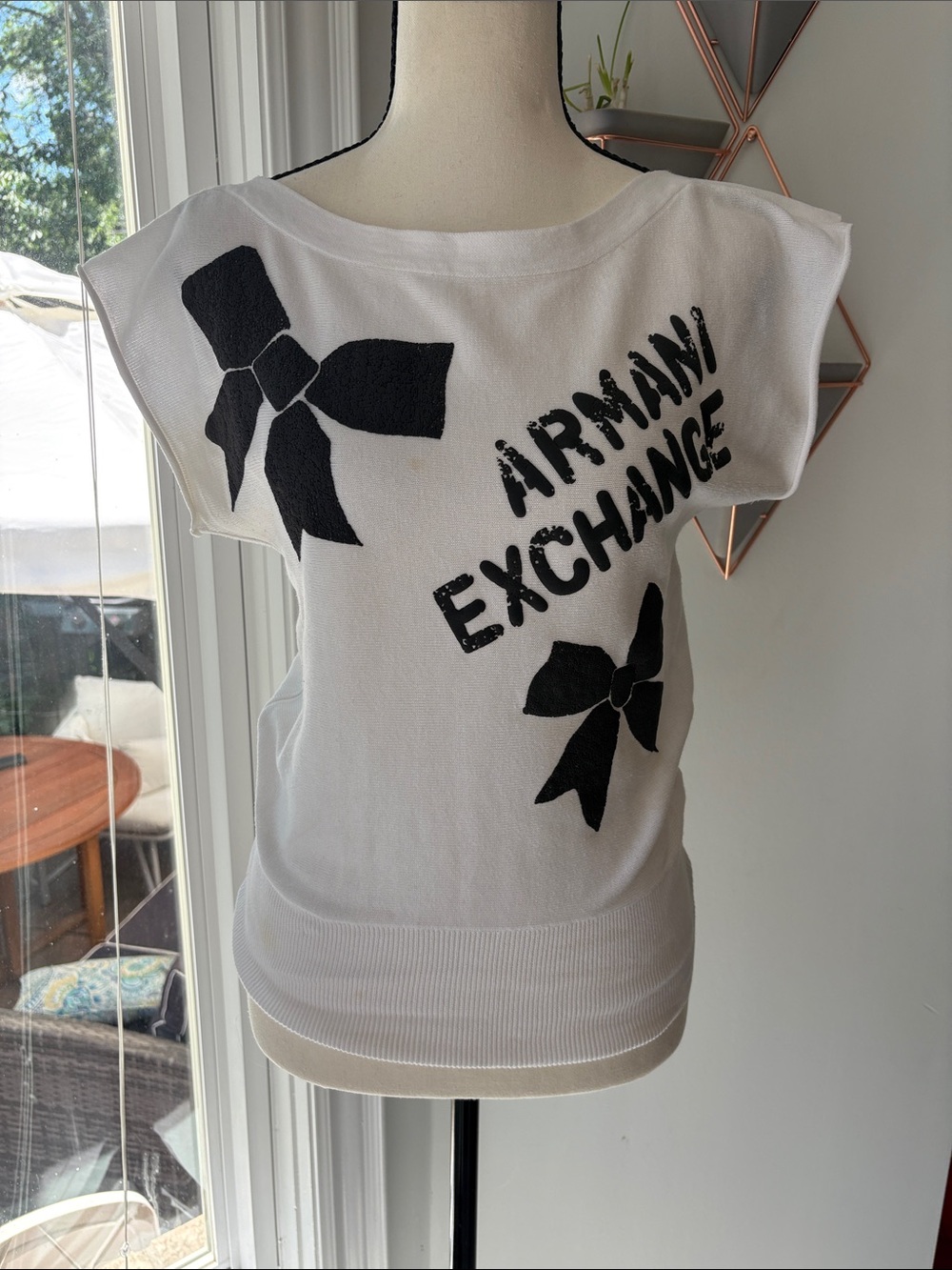 Armani Exchange White Short Sleeve Top with Black Bow Motifs size Medium